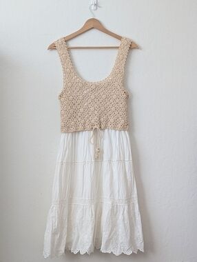 Anthropologie White Tiered Midi Dress with Sand Crochet Tank Overlay Size XS